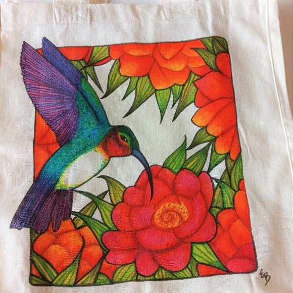 Hand Crafted Handbags - Painted Tote Bag Green and Pink Hummingbird in Orange Flowers 14x13x7 Handmade